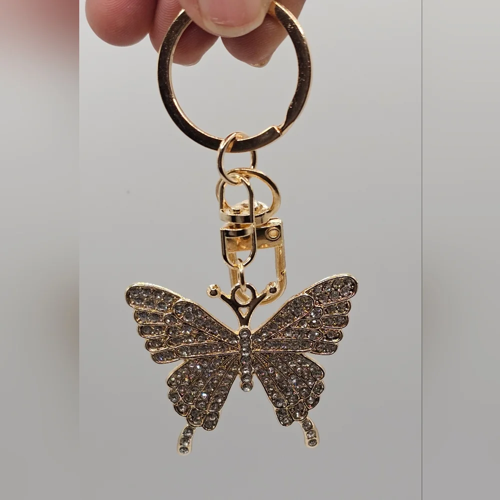 Gold Butterfly Bag Charm Keychain with Rhinestones - Picture 2 of 2
